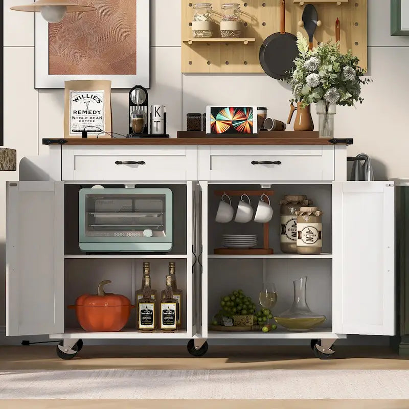 53.5Farmhouse Kitchen Island with Power Outlet, Kitchen Storage Island with Drop Leaf, Spice Rack and Drawer