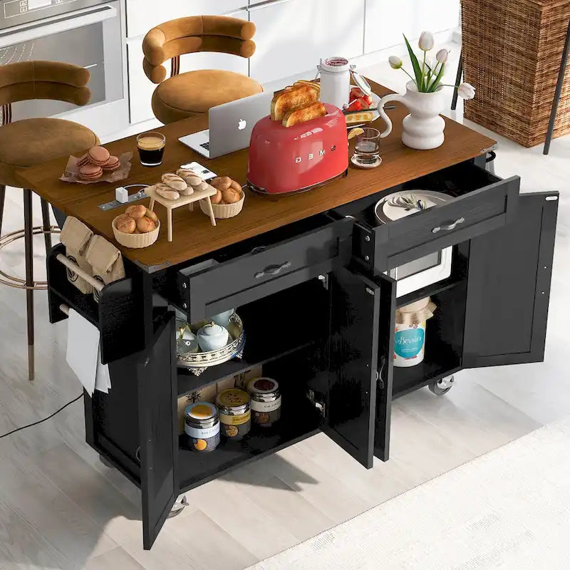 53.5Farmhouse Kitchen Island with Power Outlet, Kitchen Storage Island with Drop Leaf, Spice Rack and Drawer