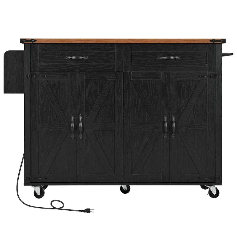 53.5Farmhouse Kitchen Island with Power Outlet, Kitchen Storage Island with Drop Leaf, Spice Rack and Drawer