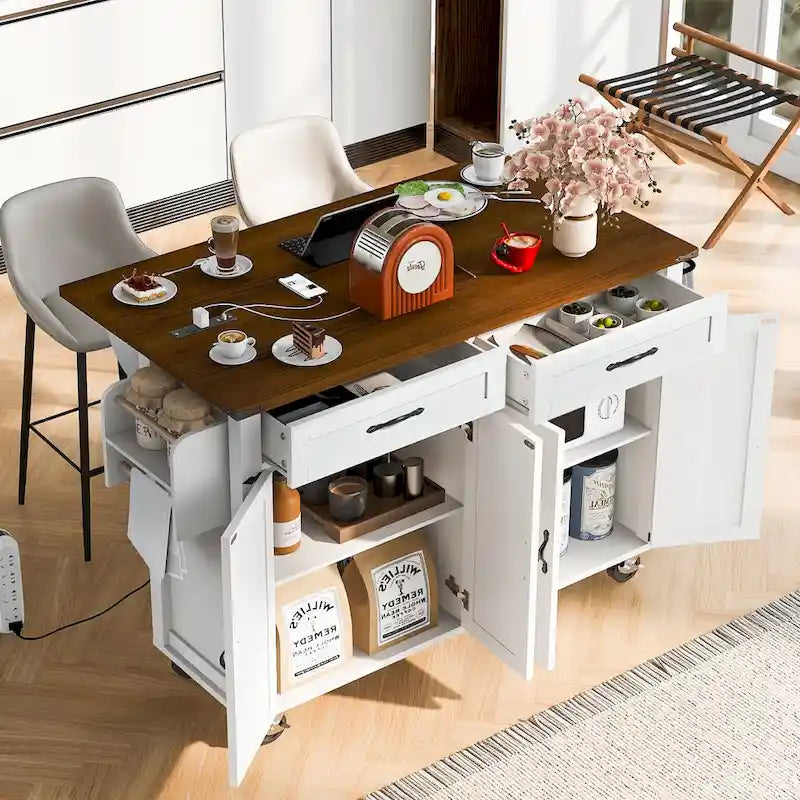 53.5Farmhouse Kitchen Island with Power Outlet, Kitchen Storage Island with Drop Leaf, Spice Rack and Drawer