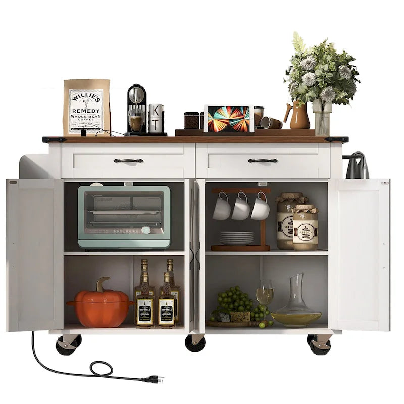 53.5Farmhouse Kitchen Island with Power Outlet, Kitchen Storage Island with Drop Leaf, Spice Rack and Drawer