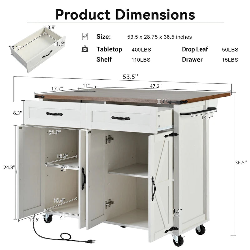 53.5Farmhouse Kitchen Island with Power Outlet, Kitchen Storage Island with Drop Leaf, Spice Rack and Drawer