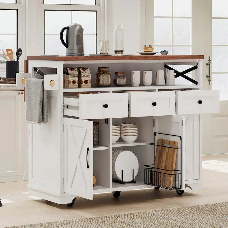 46.5 Farmhouse Kitchen Island w/Beaded Drape, Power Outlet, Drop Leaf, 3 Doors & Drawers, Iron Shelf, Wheels for Kitchen/Dining