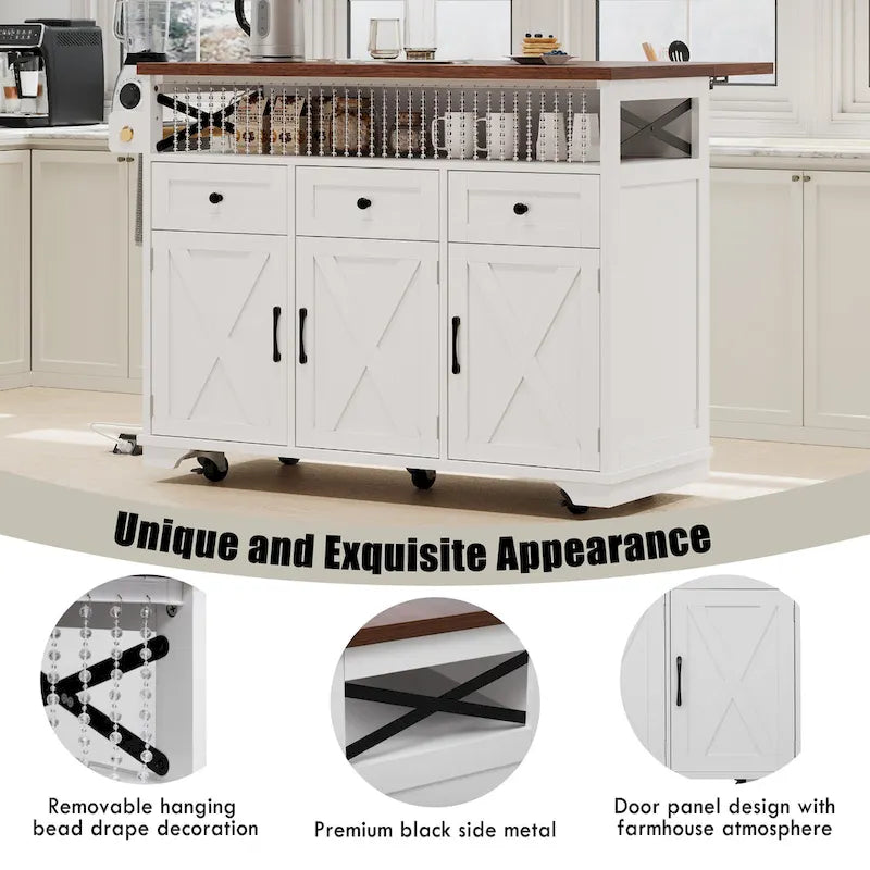 46.5 Farmhouse Kitchen Island w/Beaded Drape, Power Outlet, Drop Leaf, 3 Doors & Drawers, Iron Shelf, Wheels for Kitchen/Dining