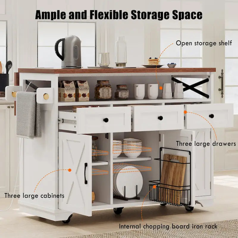 46.5 Farmhouse Kitchen Island w/Beaded Drape, Power Outlet, Drop Leaf, 3 Doors & Drawers, Iron Shelf, Wheels for Kitchen/Dining