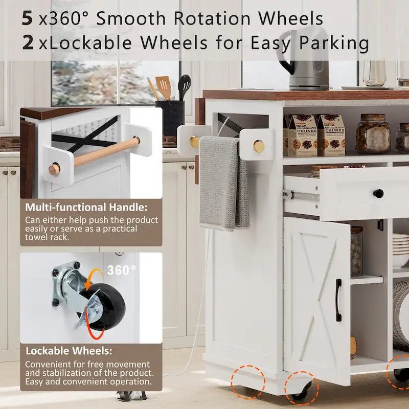 46.5 Farmhouse Kitchen Island w/Beaded Drape, Power Outlet, Drop Leaf, 3 Doors & Drawers, Iron Shelf, Wheels for Kitchen/Dining