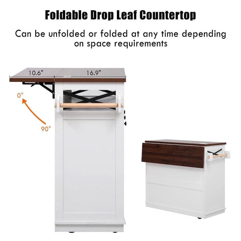 46.5 Farmhouse Kitchen Island w/Beaded Drape, Power Outlet, Drop Leaf, 3 Doors & Drawers, Iron Shelf, Wheels for Kitchen/Dining