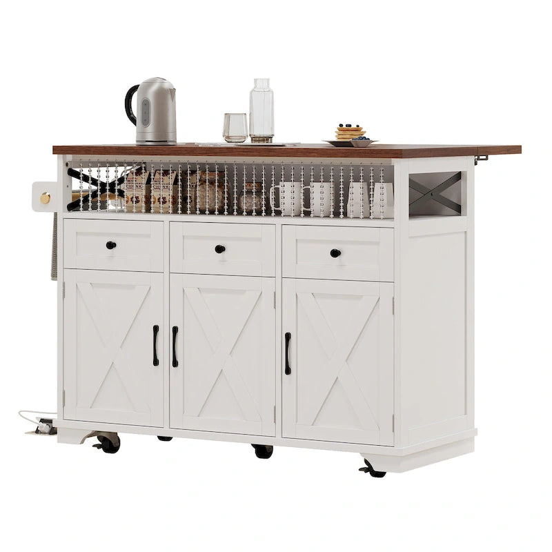46.5 Farmhouse Kitchen Island w/Beaded Drape, Power Outlet, Drop Leaf, 3 Doors & Drawers, Iron Shelf, Wheels for Kitchen/Dining