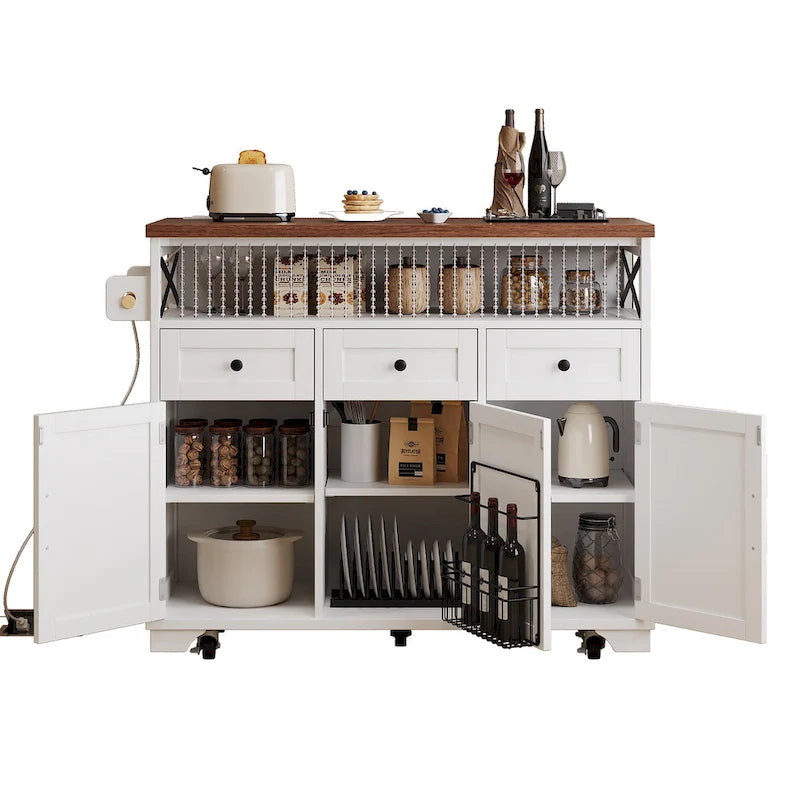 46.5 Farmhouse Kitchen Island w/Beaded Drape, Power Outlet, Drop Leaf, 3 Doors & Drawers, Iron Shelf, Wheels for Kitchen/Dining