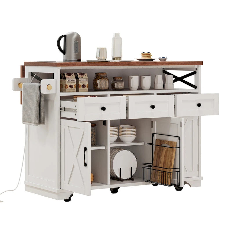 46.5 Farmhouse Kitchen Island w/Beaded Drape, Power Outlet, Drop Leaf, 3 Doors & Drawers, Iron Shelf, Wheels for Kitchen/Dining