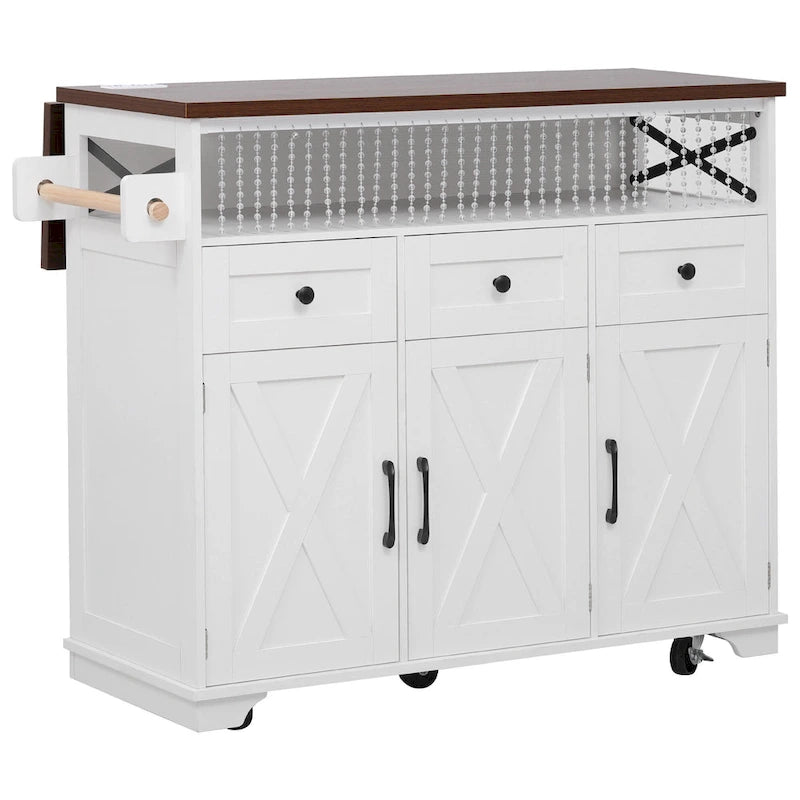 46.5 Farmhouse Kitchen Island w/Beaded Drape, Power Outlet, Drop Leaf, 3 Doors & Drawers, Iron Shelf, Wheels for Kitchen/Dining