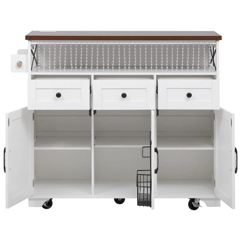 46.5 Farmhouse Kitchen Island w/Beaded Drape, Power Outlet, Drop Leaf, 3 Doors & Drawers, Iron Shelf, Wheels for Kitchen/Dining
