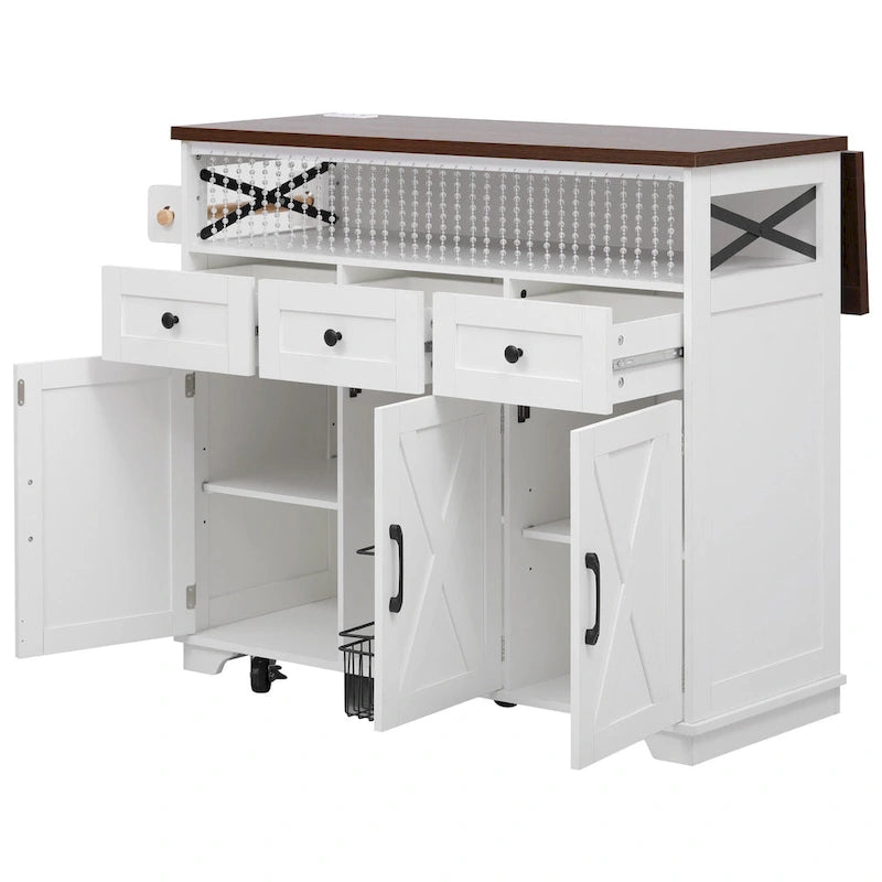 46.5 Farmhouse Kitchen Island w/Beaded Drape, Power Outlet, Drop Leaf, 3 Doors & Drawers, Iron Shelf, Wheels for Kitchen/Dining