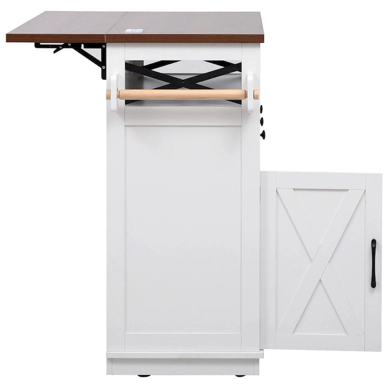 46.5 Farmhouse Kitchen Island w/Beaded Drape, Power Outlet, Drop Leaf, 3 Doors & Drawers, Iron Shelf, Wheels for Kitchen/Dining