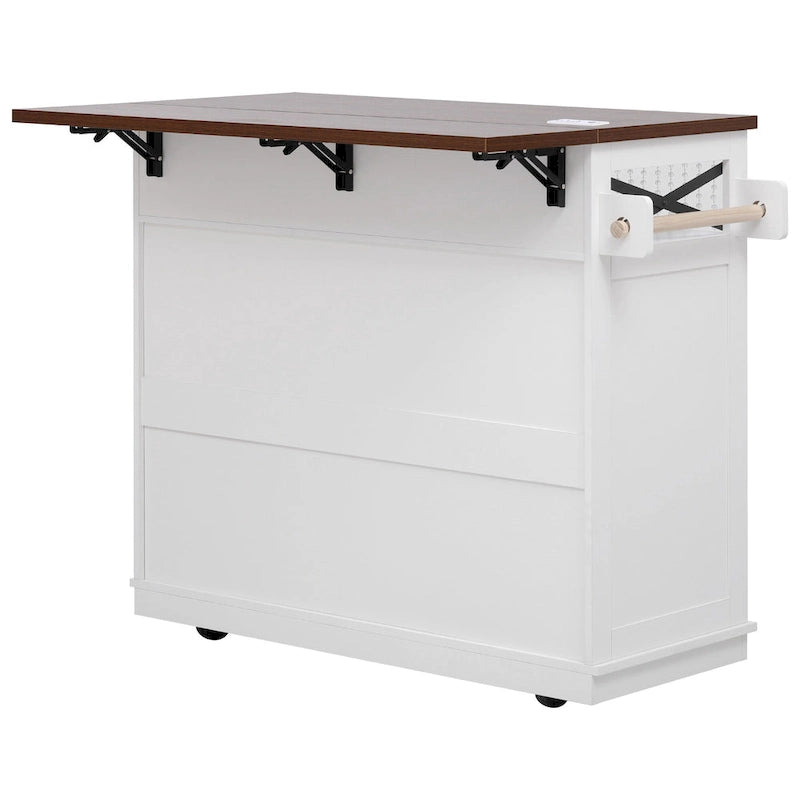 46.5 Farmhouse Kitchen Island w/Beaded Drape, Power Outlet, Drop Leaf, 3 Doors & Drawers, Iron Shelf, Wheels for Kitchen/Dining