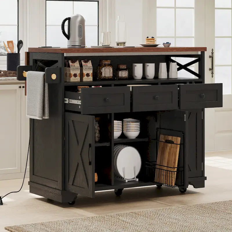 46.5 Farmhouse Kitchen Island w/Beaded Drape, Power Outlet, Drop Leaf, 3 Doors & Drawers, Iron Shelf, Wheels for Kitchen/Dining