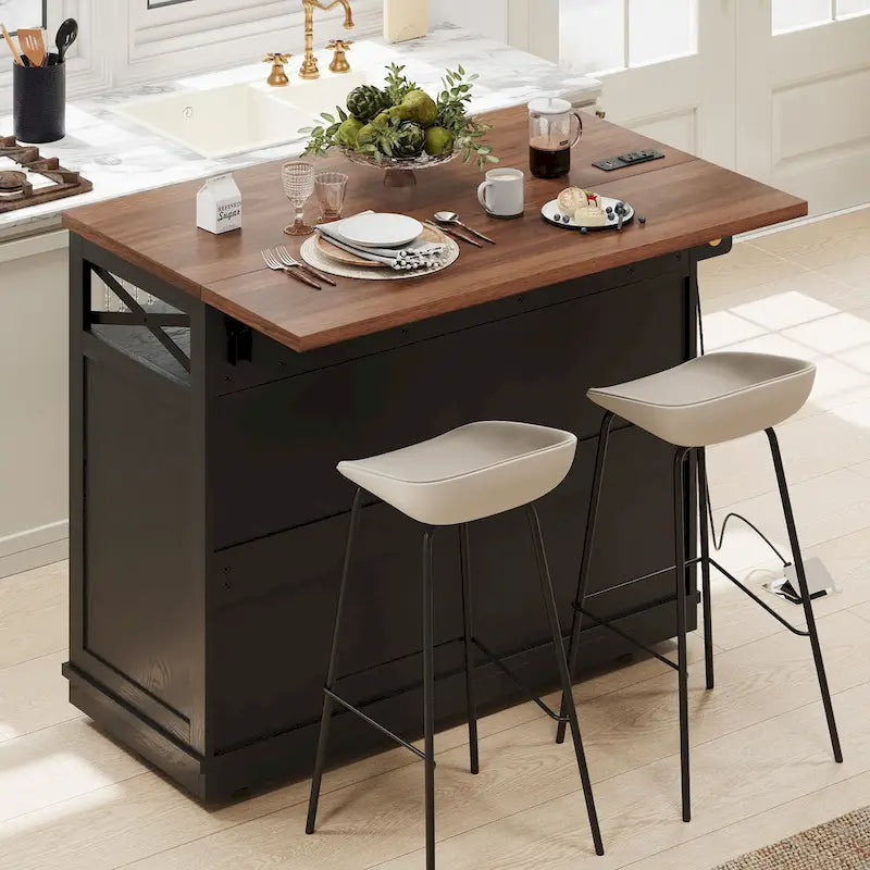 46.5 Farmhouse Kitchen Island w/Beaded Drape, Power Outlet, Drop Leaf, 3 Doors & Drawers, Iron Shelf, Wheels for Kitchen/Dining