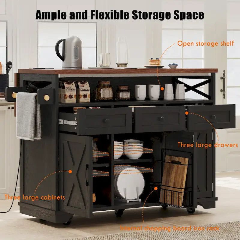 46.5 Farmhouse Kitchen Island w/Beaded Drape, Power Outlet, Drop Leaf, 3 Doors & Drawers, Iron Shelf, Wheels for Kitchen/Dining