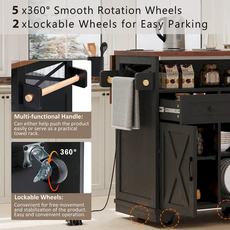 46.5 Farmhouse Kitchen Island w/Beaded Drape, Power Outlet, Drop Leaf, 3 Doors & Drawers, Iron Shelf, Wheels for Kitchen/Dining
