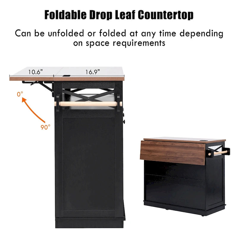 46.5 Farmhouse Kitchen Island w/Beaded Drape, Power Outlet, Drop Leaf, 3 Doors & Drawers, Iron Shelf, Wheels for Kitchen/Dining