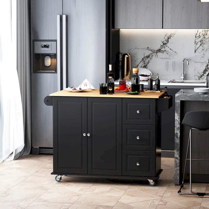 Mobile Kitchen Island with Drop Leaf, Storage Trolley Cart on Wheels, Towel/Spice Rack, 3 Drawers, 2-Door Cabinet