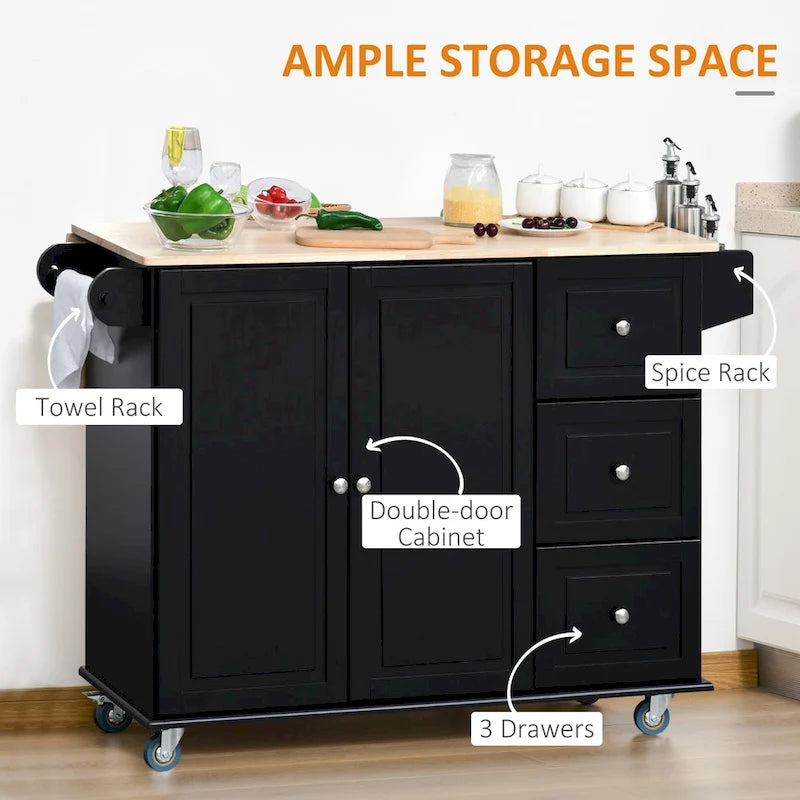 Mobile Kitchen Island with Drop Leaf, Storage Trolley Cart on Wheels, Towel/Spice Rack, 3 Drawers, 2-Door Cabinet