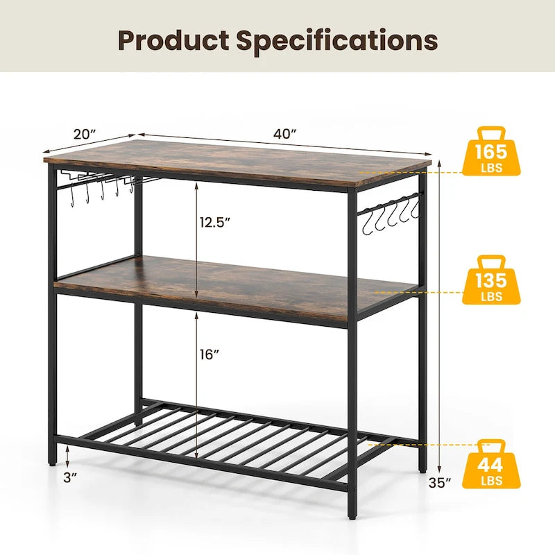 Gymax Kitchen Island 3-Tier Prep Table with Wine Glass Holders Large