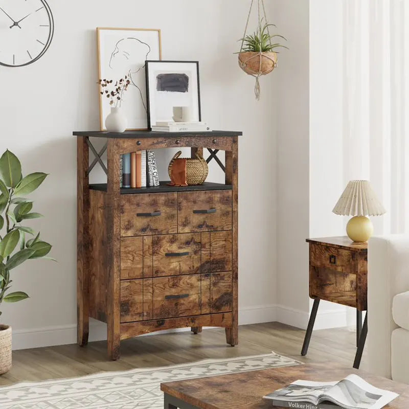 Bestier Living Room Storage Cabinet with 2 Shelves and 4 Drawers, Dark Brown - 68