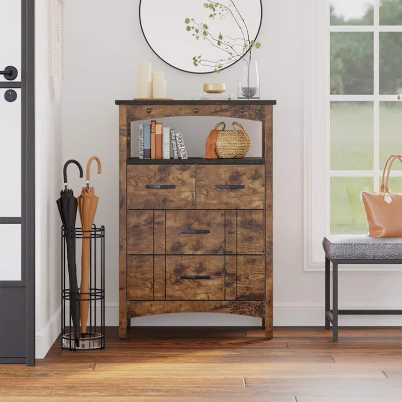 Bestier Living Room Storage Cabinet with 2 Shelves and 4 Drawers, Dark Brown - 68