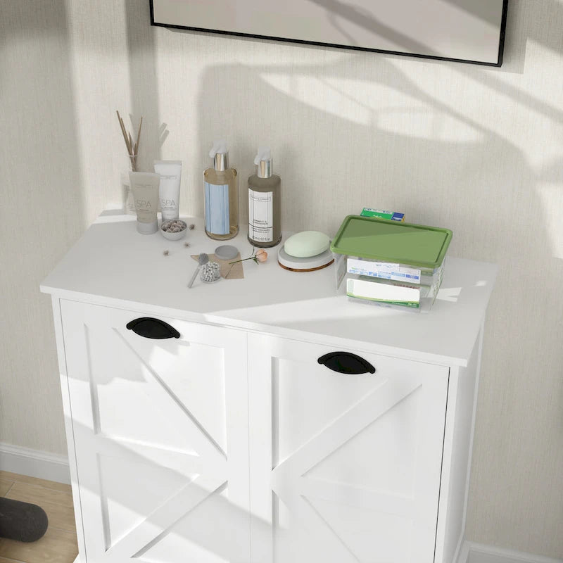 Modern Laundry Sorter Cabinet with Two Compartments and Removable Cloth Bags