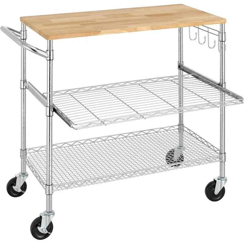 Tier Oak Wood Kitchen Cart with Wheels Slider Shelf and Hooks for Microwave Coffee Storage in Dining Room