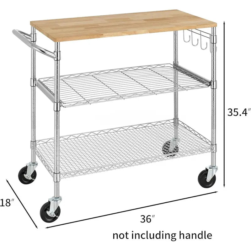 Tier Oak Wood Kitchen Cart with Wheels Slider Shelf and Hooks for Microwave Coffee Storage in Dining Room