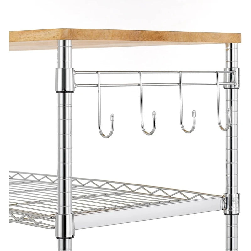Tier Oak Wood Kitchen Cart with Wheels Slider Shelf and Hooks for Microwave Coffee Storage in Dining Room