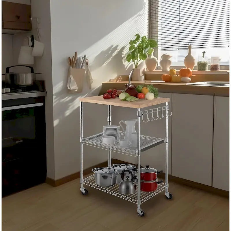 Tier Oak Wood Kitchen Cart with Wheels Slider Shelf and Hooks for Microwave Coffee Storage in Dining Room