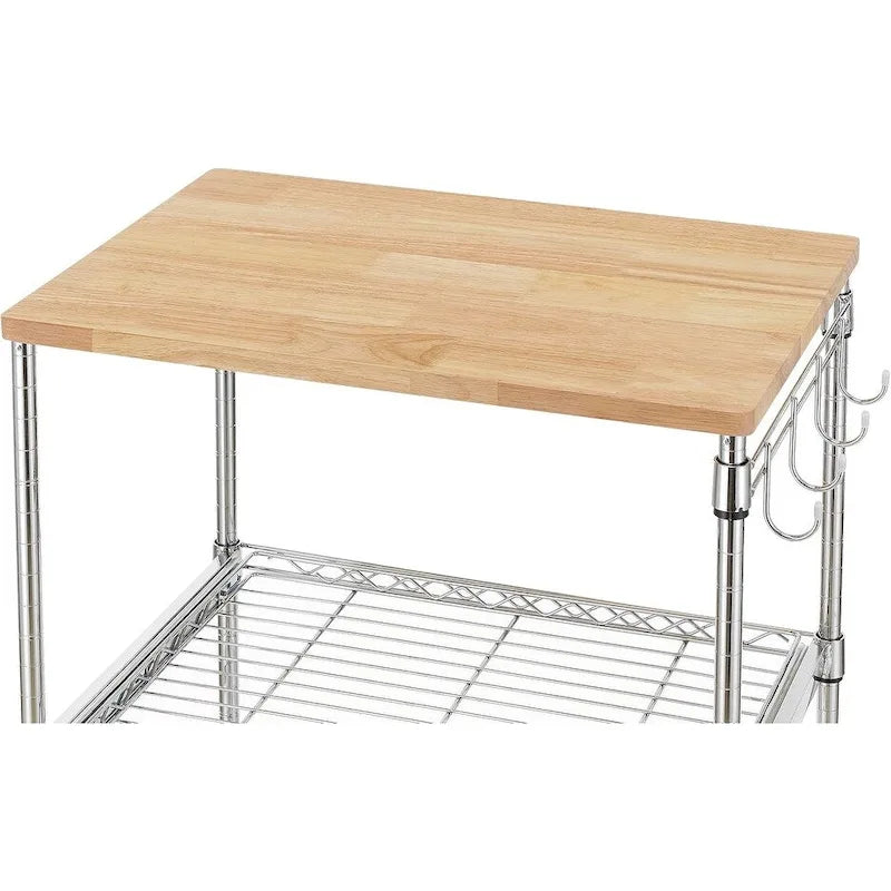 Tier Oak Wood Kitchen Cart with Wheels Slider Shelf and Hooks for Microwave Coffee Storage in Dining Room