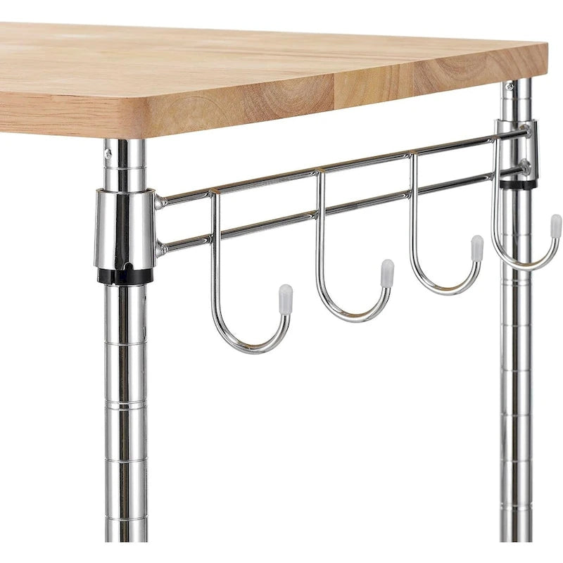 Tier Oak Wood Kitchen Cart with Wheels Slider Shelf and Hooks for Microwave Coffee Storage in Dining Room