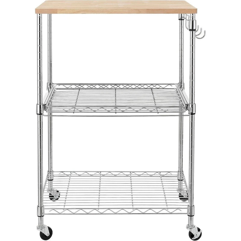 Tier Oak Wood Kitchen Cart with Wheels Slider Shelf and Hooks for Microwave Coffee Storage in Dining Room