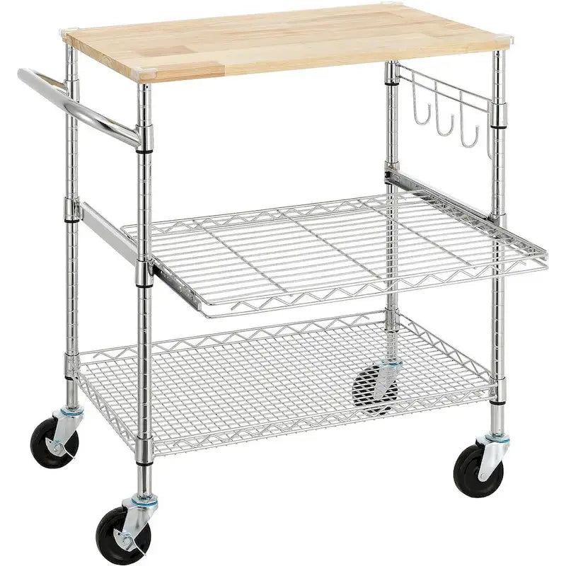 Tier Oak Wood Kitchen Cart with Wheels Slider Shelf and Hooks for Microwave Coffee Storage in Dining Room