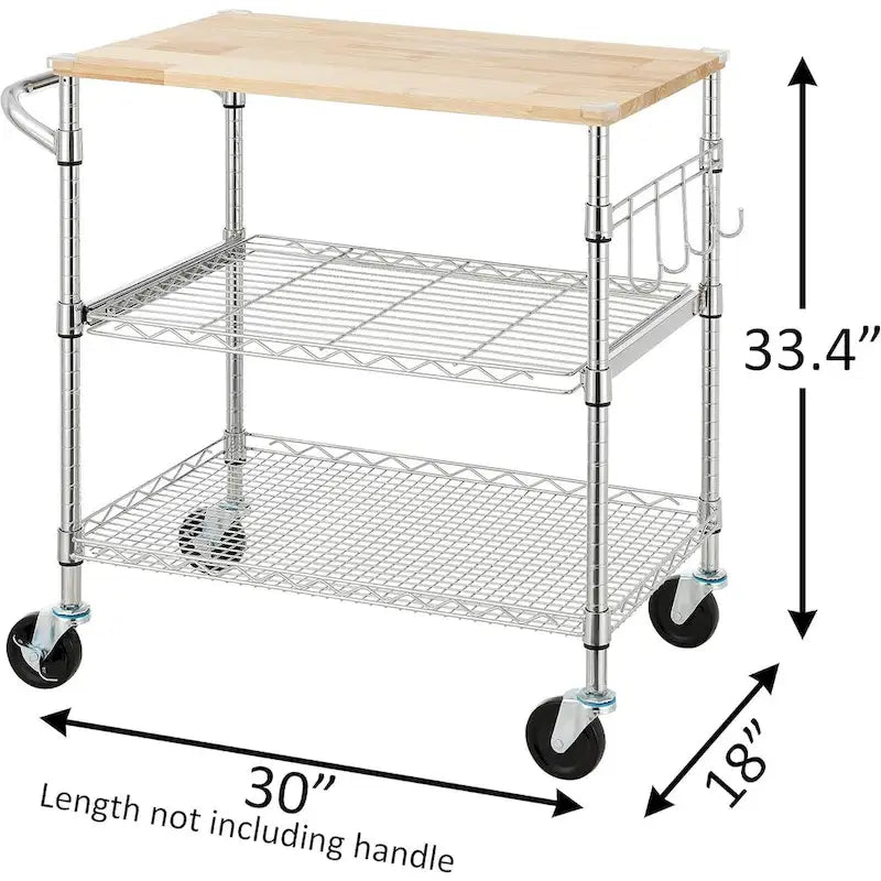 Tier Oak Wood Kitchen Cart with Wheels Slider Shelf and Hooks for Microwave Coffee Storage in Dining Room