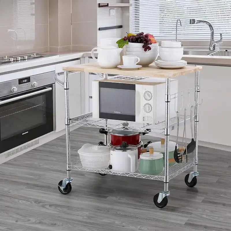 Tier Oak Wood Kitchen Cart with Wheels Slider Shelf and Hooks for Microwave Coffee Storage in Dining Room