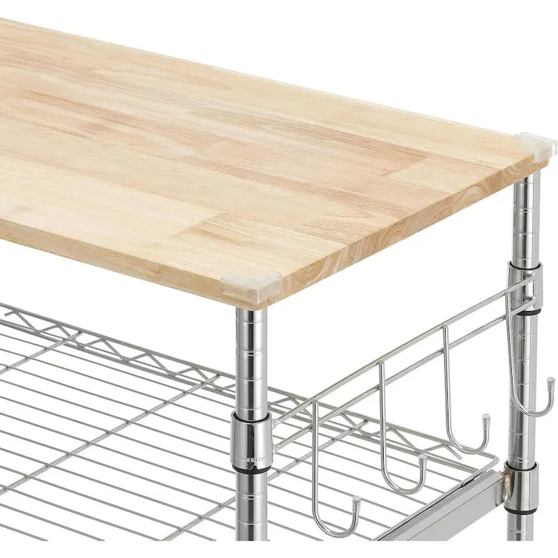 Tier Oak Wood Kitchen Cart with Wheels Slider Shelf and Hooks for Microwave Coffee Storage in Dining Room