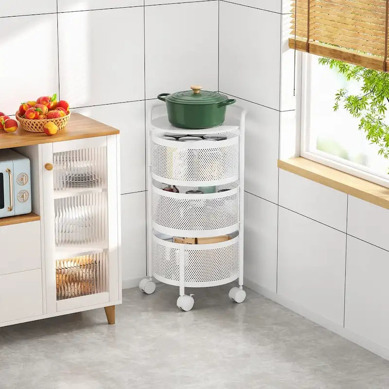Multi-Tier Rotating Storage Basket with Wheels for Vegetables Fruits Groceries in Kitchen Household Organizer