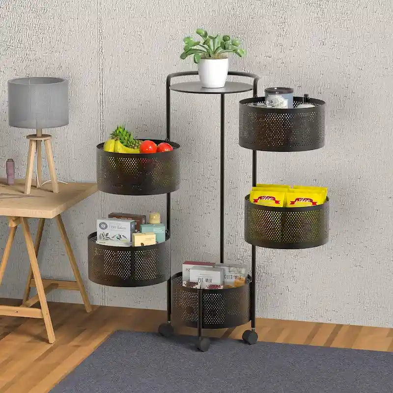 Multi-Tier Rotating Storage Basket with Wheels for Vegetables Fruits Groceries in Kitchen Household Organizer