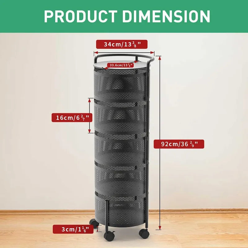 Multi-Tier Rotating Storage Basket with Wheels for Vegetables Fruits Groceries in Kitchen Household Organizer
