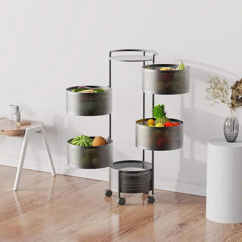 Multi-Tier Rotating Storage Basket with Wheels for Vegetables Fruits Groceries in Kitchen Household Organizer