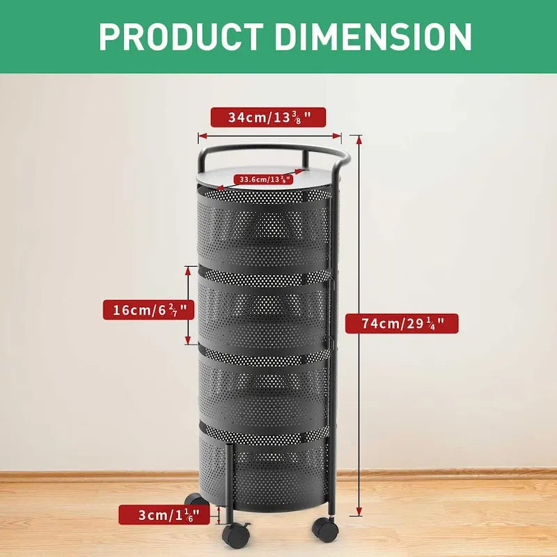Multi-Tier Rotating Storage Basket with Wheels for Vegetables Fruits Groceries in Kitchen Household Organizer