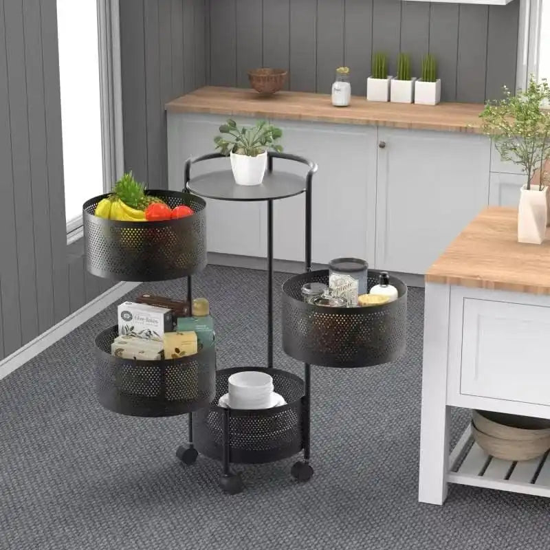 Multi-Tier Rotating Storage Basket with Wheels for Vegetables Fruits Groceries in Kitchen Household Organizer