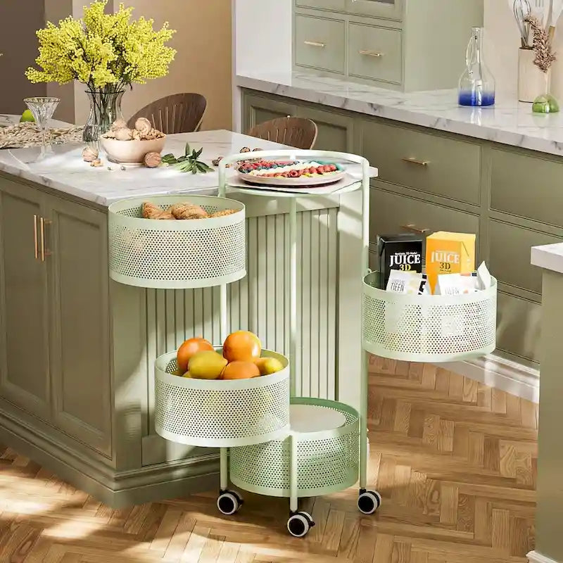 Multi-Tier Rotating Storage Basket with Wheels for Vegetables Fruits Groceries in Kitchen Household Organizer