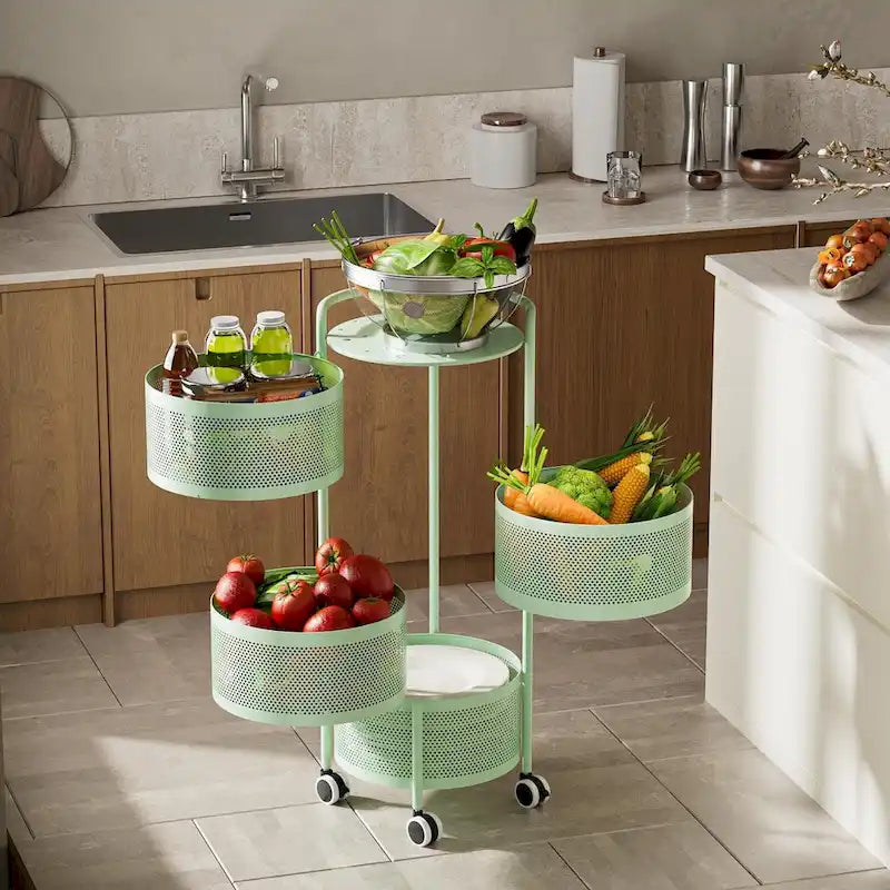 Multi-Tier Rotating Storage Basket with Wheels for Vegetables Fruits Groceries in Kitchen Household Organizer