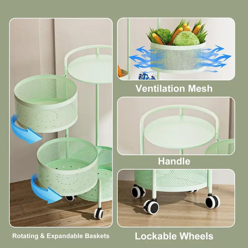 Multi-Tier Rotating Storage Basket with Wheels for Vegetables Fruits Groceries in Kitchen Household Organizer